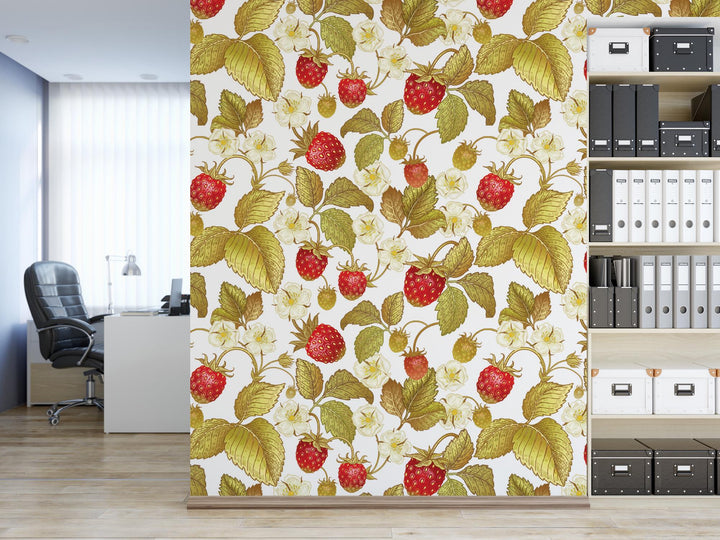 a room with a bookcase and a curtain with a pattern of raspberries