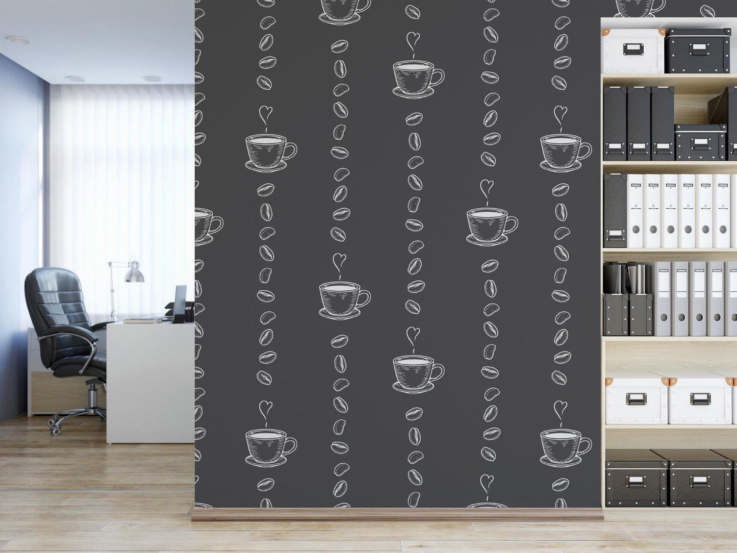 a black and white wallpaper with coffee cups on it