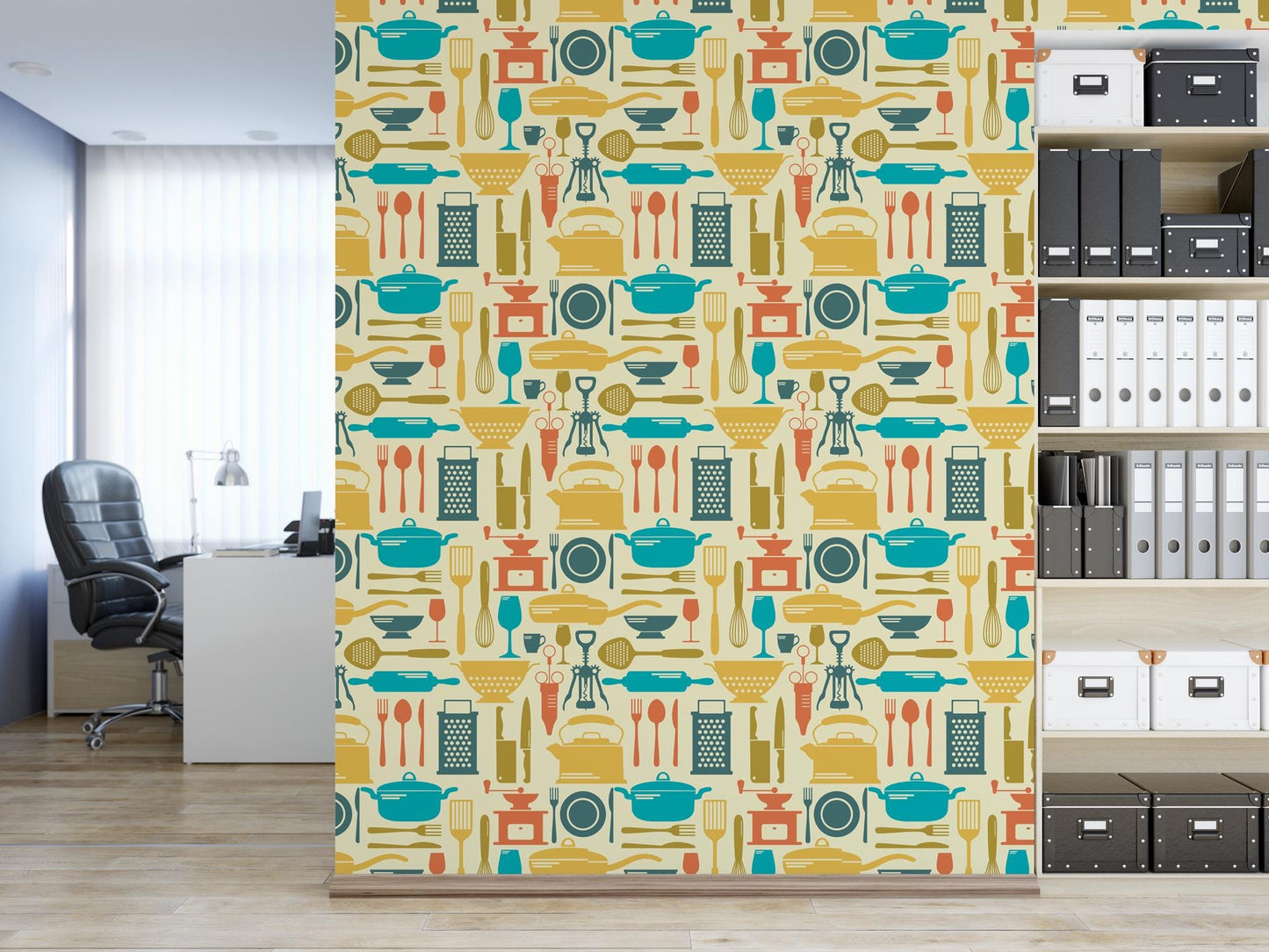 a room with a book shelf and a wall with a pattern on it