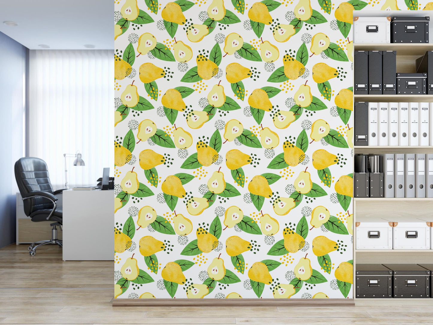 a room with a bookcase and a wallpaper with lemons on it