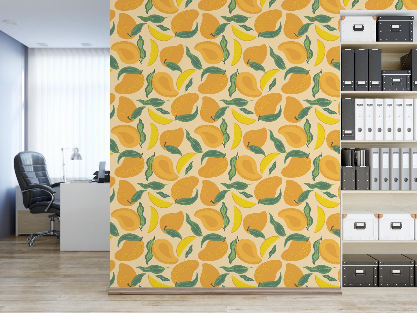 a room with a book shelf and a wall with a pattern of lemons on