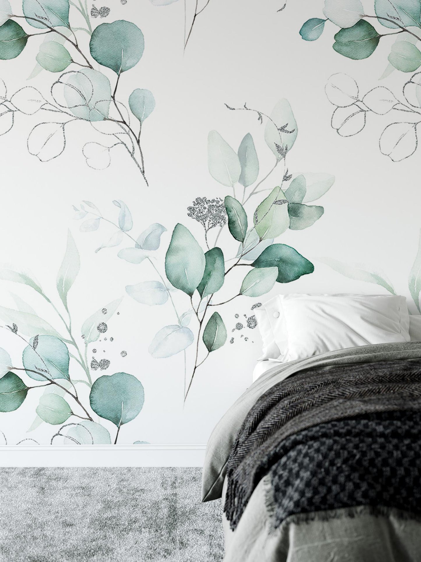 a bedroom with a bed and a wall with a painting on it