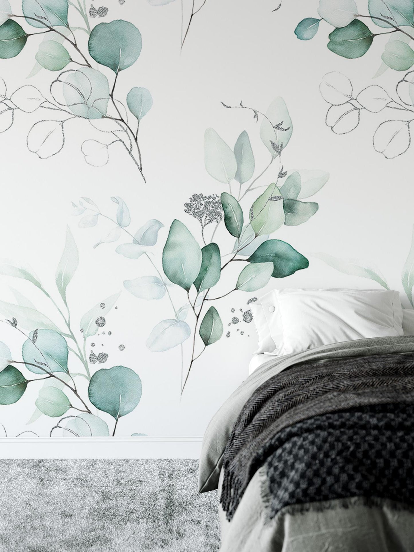 a bedroom with a bed and a wall with a painting on it