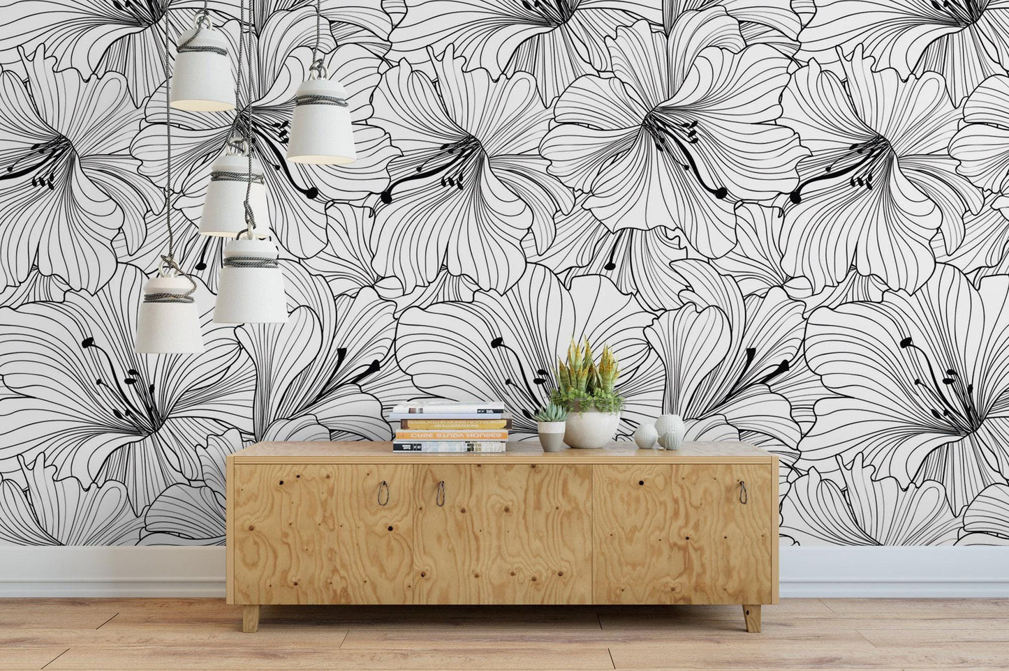 Black and White Large Floral Wallpaper MW1426