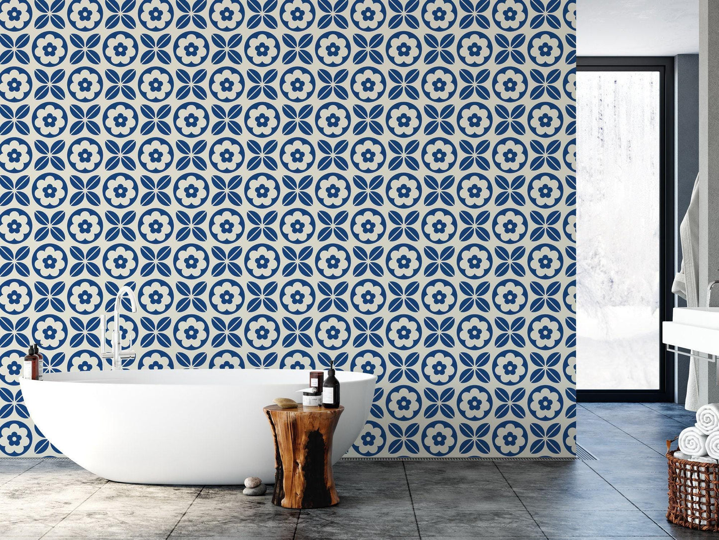 Navy Blue Folk Art Scandinavian Wallpaper MW1438