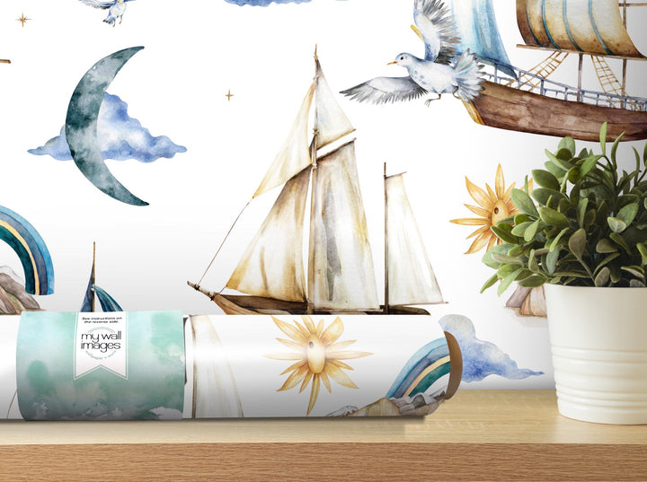 a painting of a sailboat and a ship on a wall