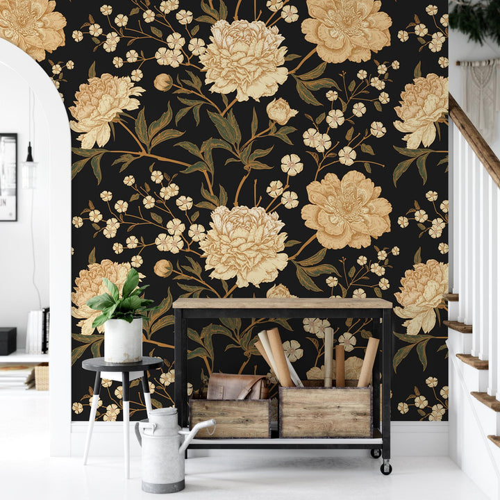 Vintage Black and Cream Floral Wallpaper MW1158