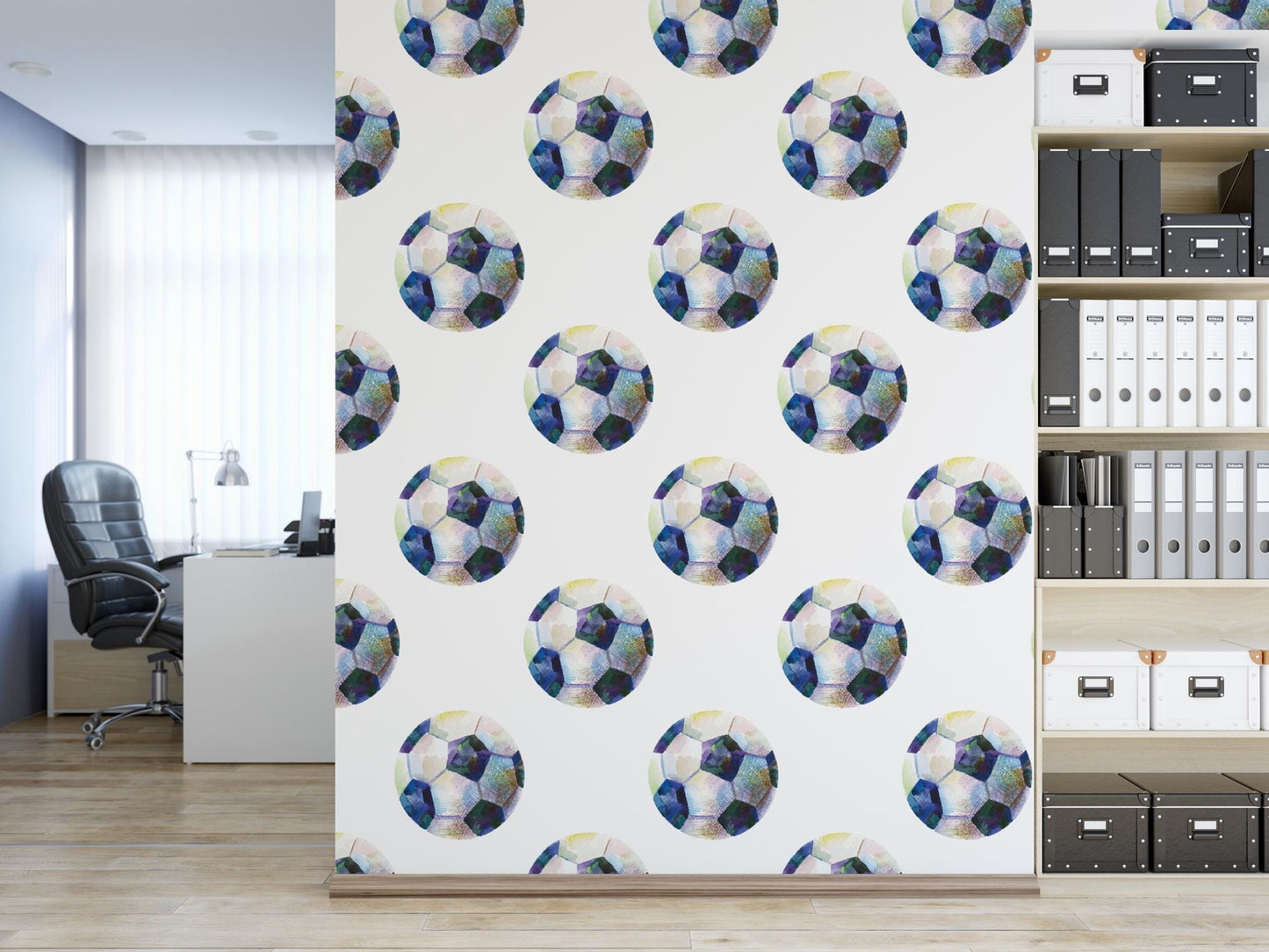 a room with a bookcase and a wall with a soccer ball on it