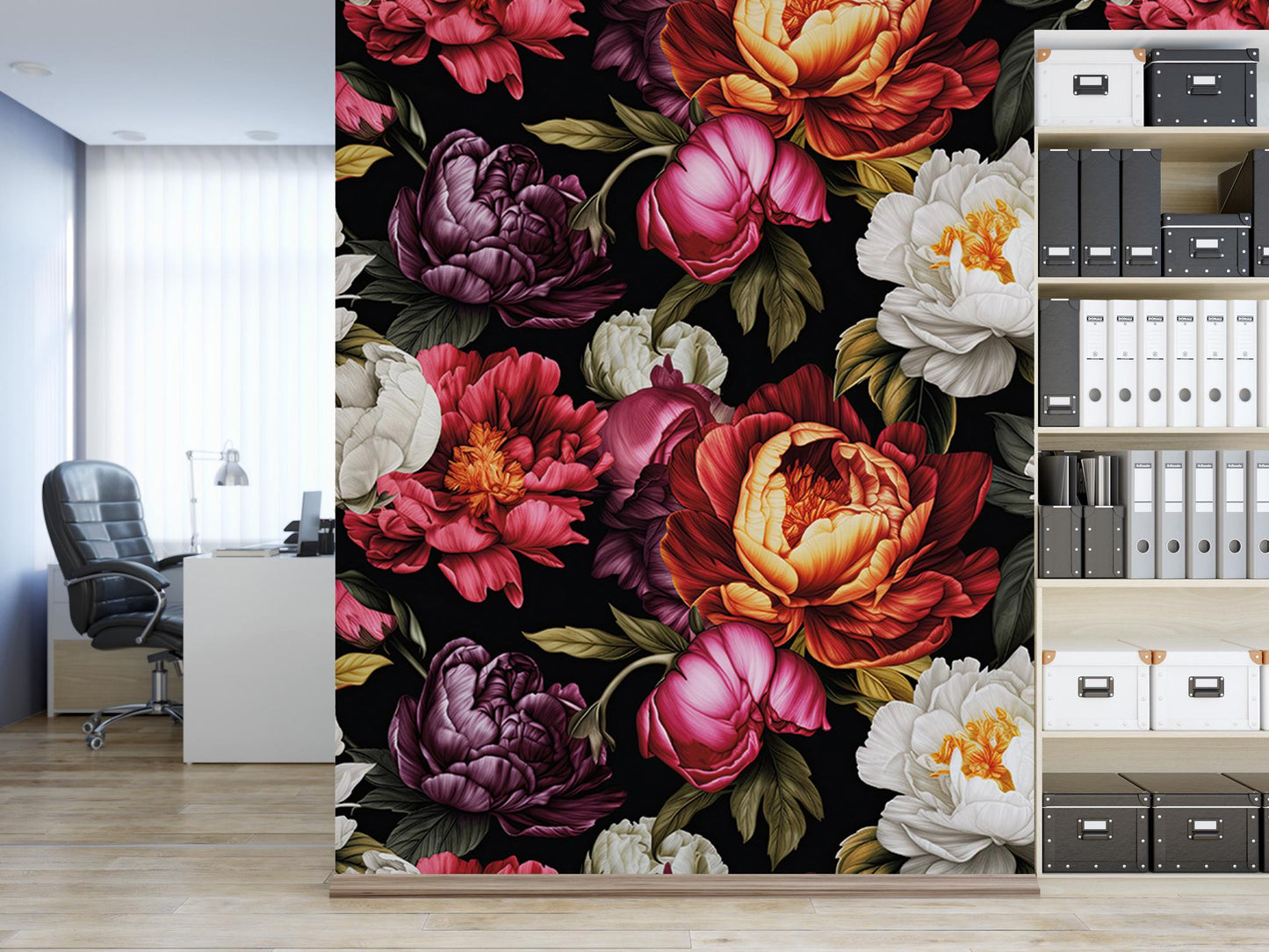 a room with a book shelf and a flowered wallpaper