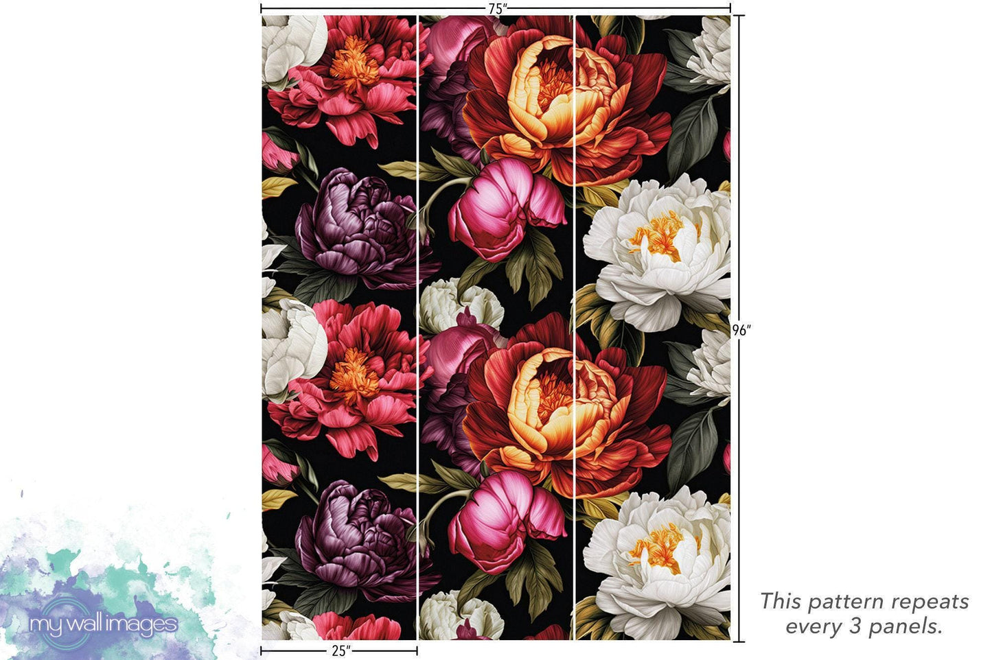 Bold Floral Peonies on Black Wallpaper MW1949