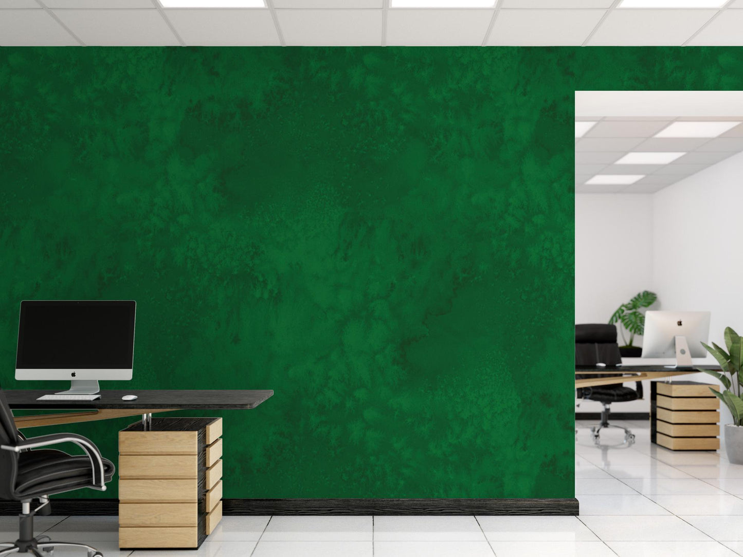 an office with a green wall and a black chair