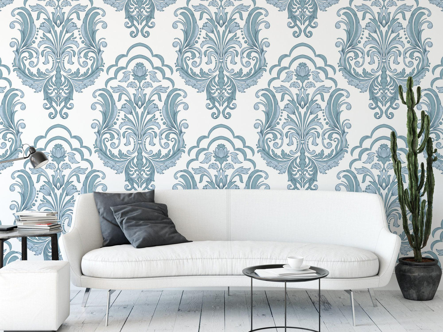 Soft Blue on White Damask Removable Wallpaper, Wall Art, Peel and Stick Wallpaper, Room Decor, Vintage Wallpaper, Accent Wall, MW1550