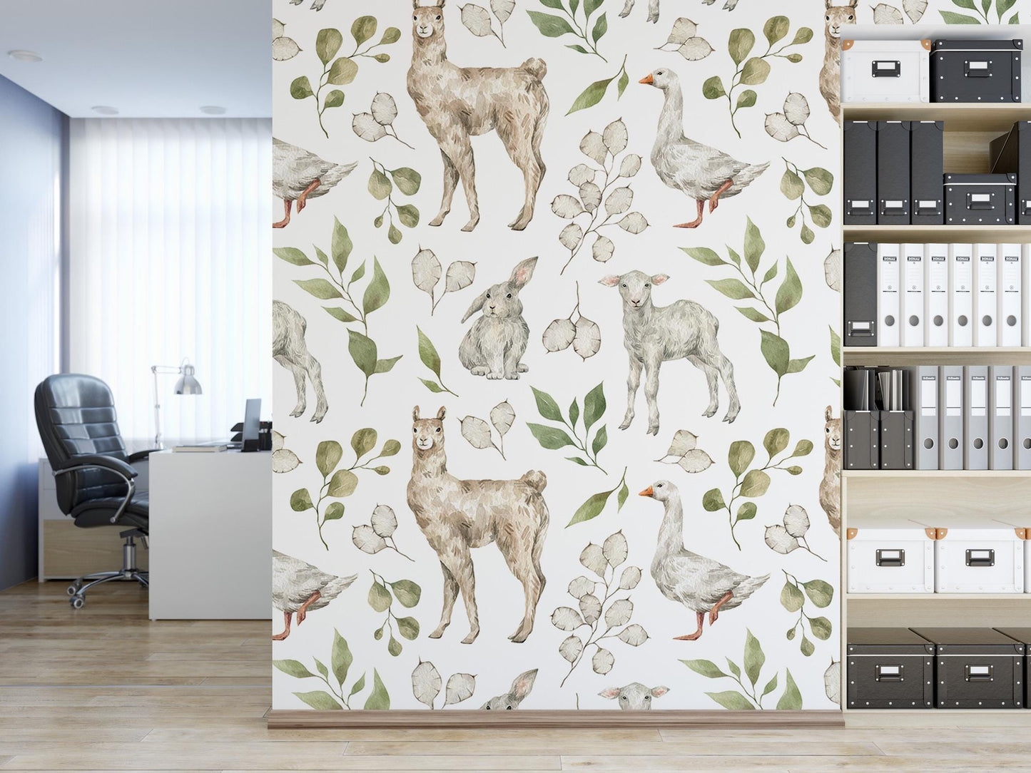 a room with a book shelf and a wallpaper with animals on it