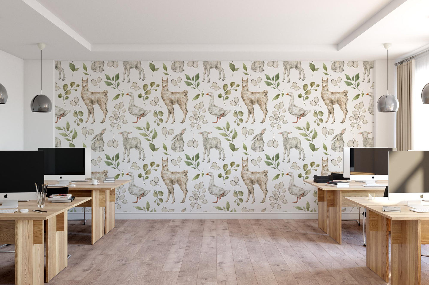 a room with two desks and a wall with deer on it