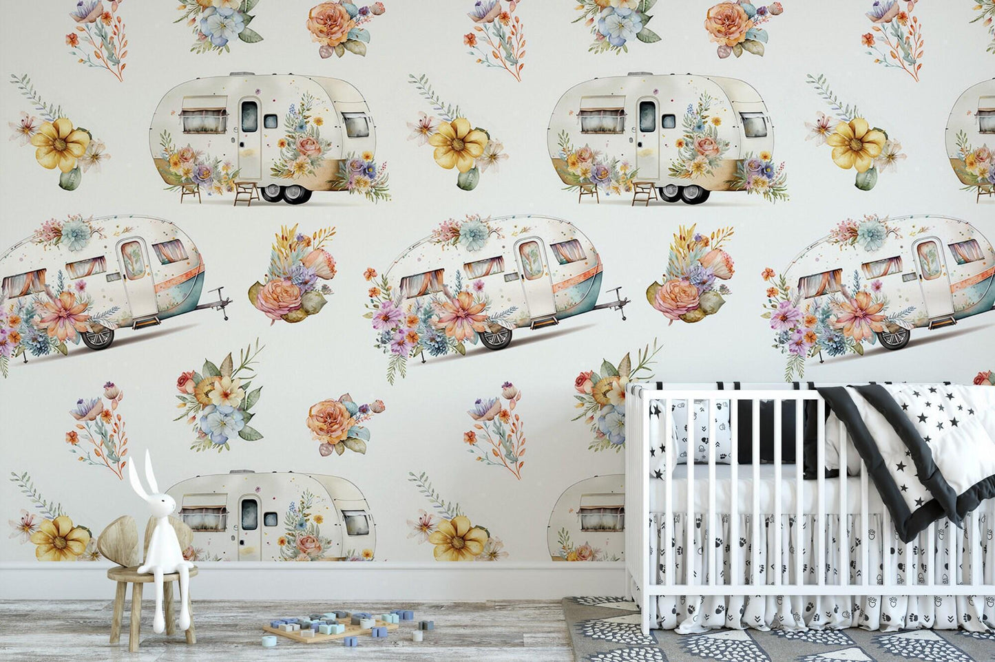 Boho Floral Camper Van, Girls Room Wallpaper MW1958