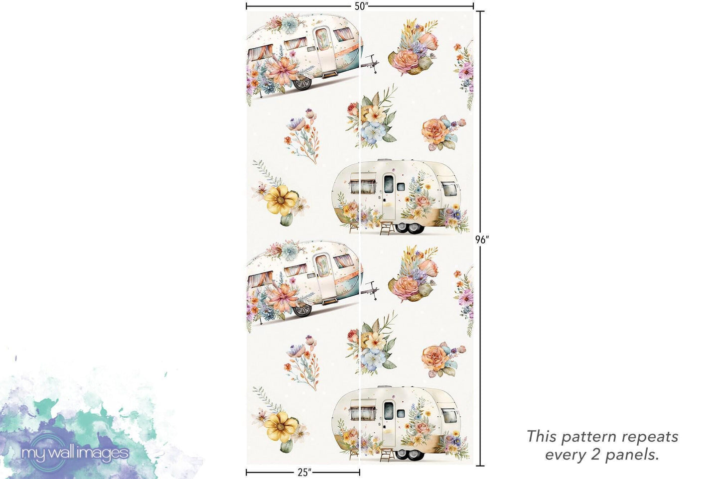 Boho Floral Camper Van, Girls Room Wallpaper MW1958