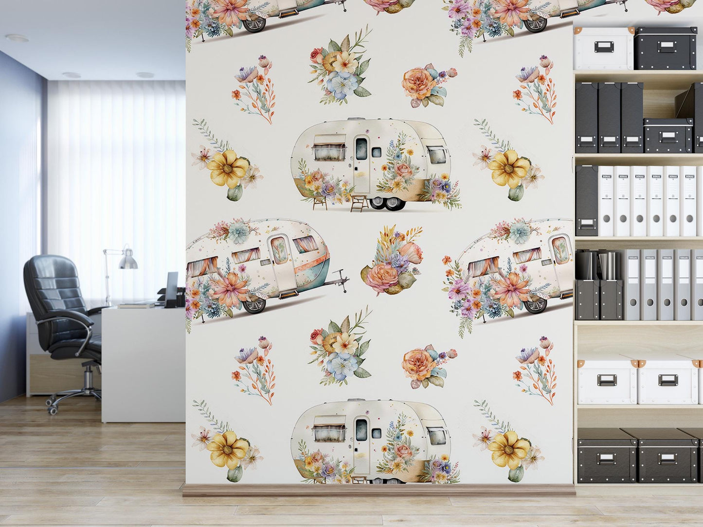 a room with a book shelf and a wall with flowers on it