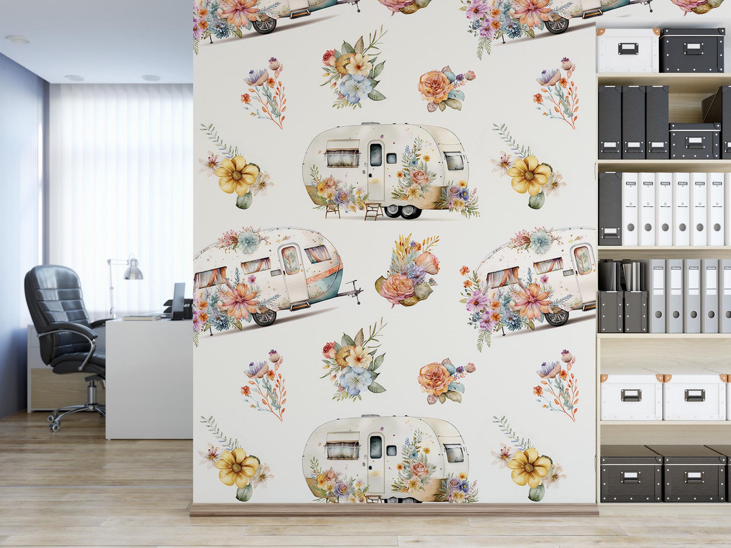 a room with a book shelf and a wall with flowers on it