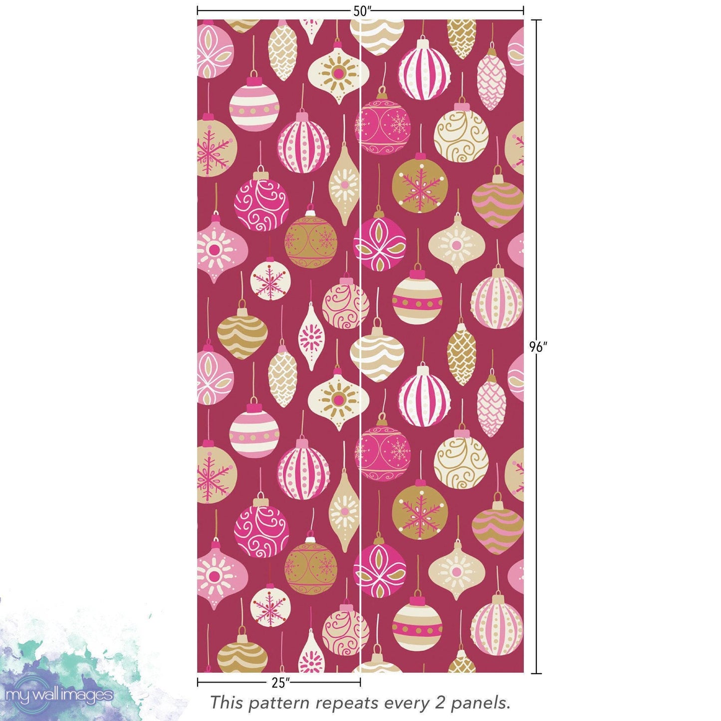 Pink Retro Ornaments Removable Wallpaper, Wall Art, Peel and Stick Wallpaper, Mural, Accent Holiday Wall, MW1667