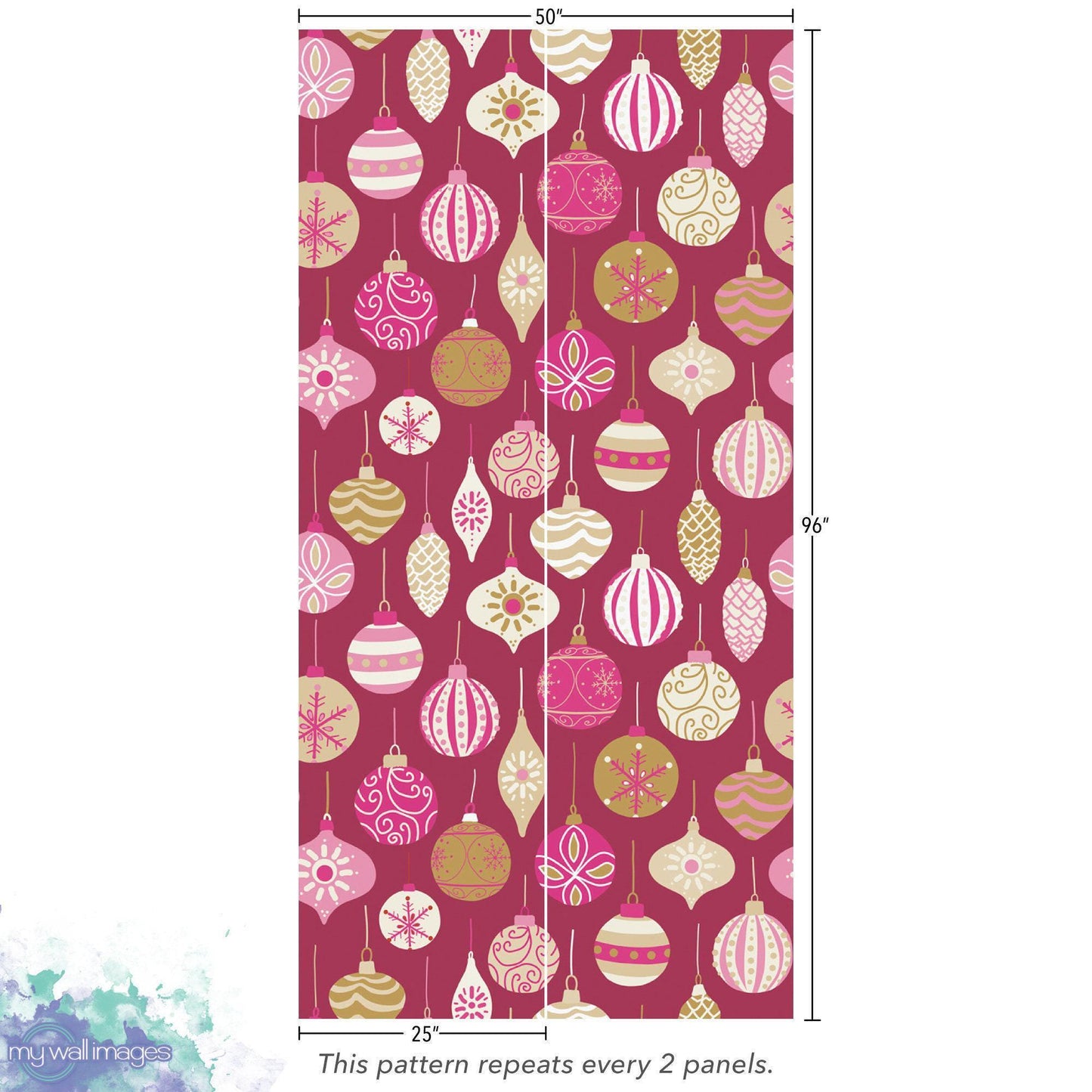 Pink Retro Ornaments Removable Wallpaper, Wall Art, Peel and Stick Wallpaper, Mural, Accent Holiday Wall, MW1667