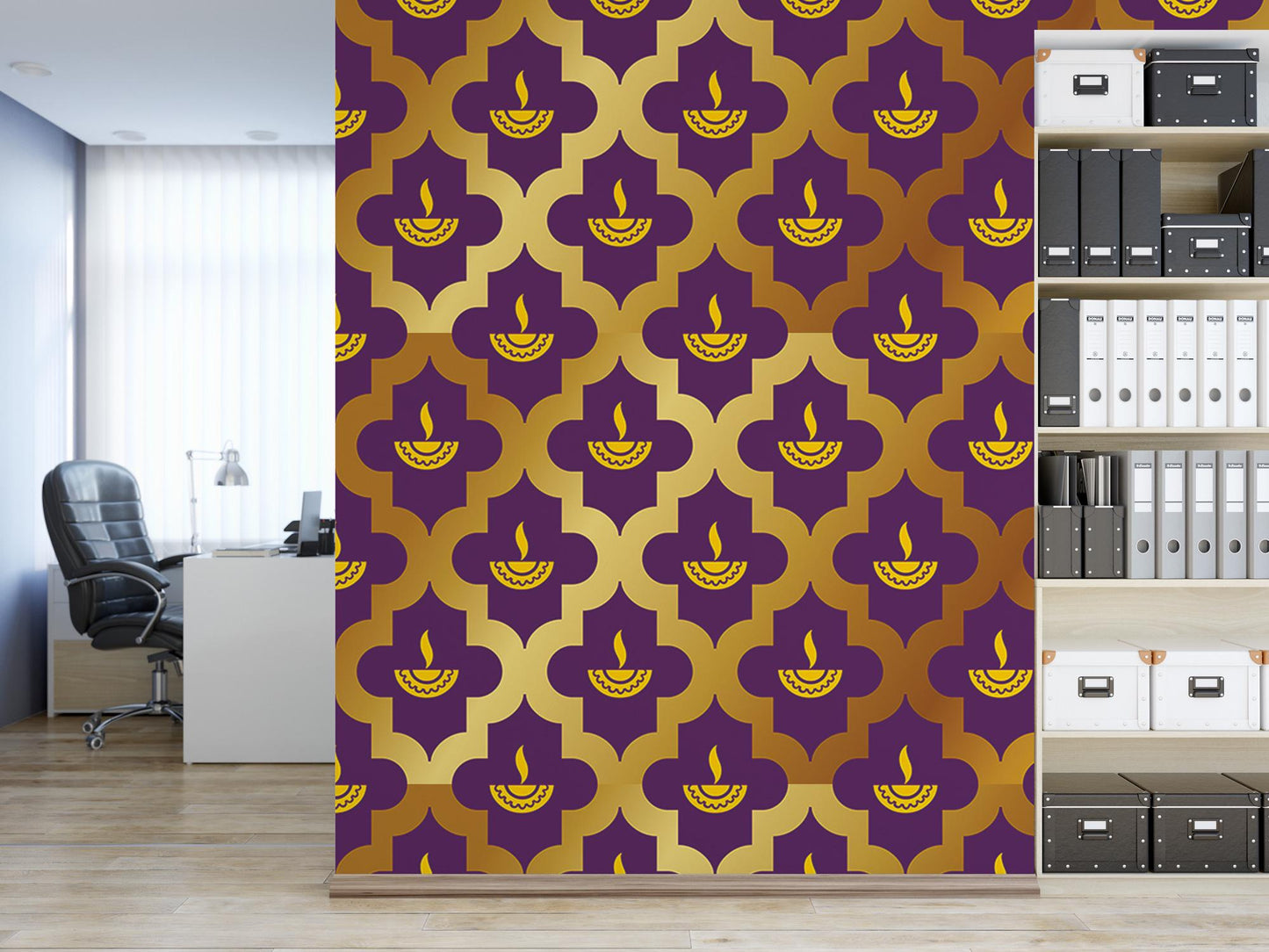 a room with a book shelf and a wall with a pattern on it