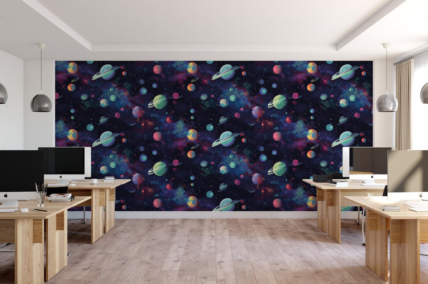 a room filled with desks and computer monitors