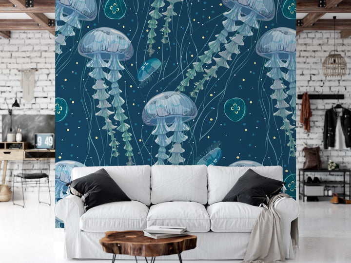 a living room with a white couch and a wall mural