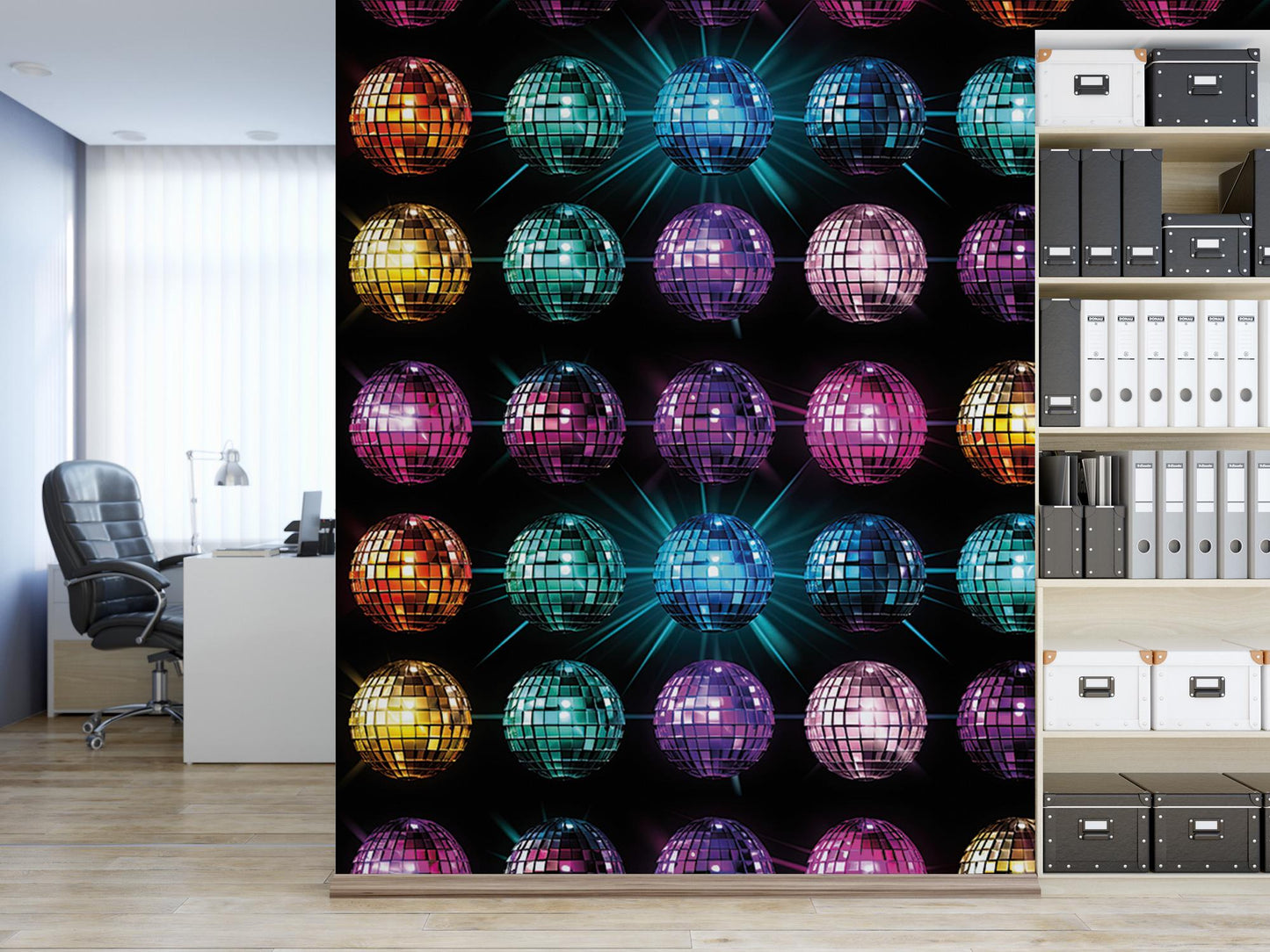 a room with a book shelf and a wall with disco balls on it