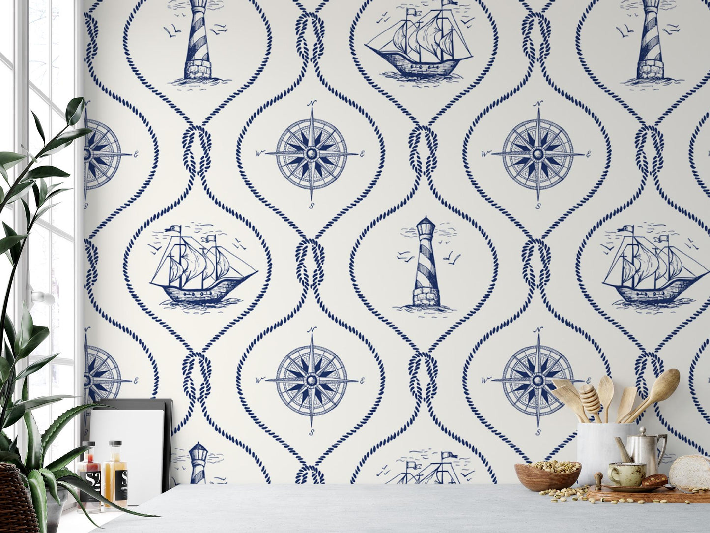 a blue and white wallpaper with a boat and compass