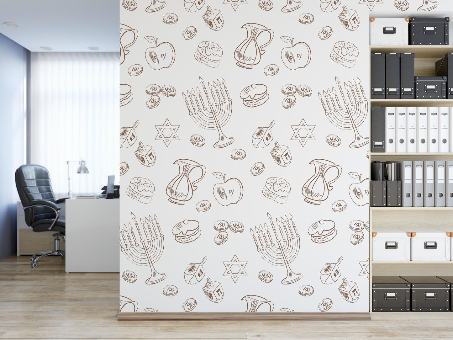 a room with a book shelf and a wall with a pattern on it