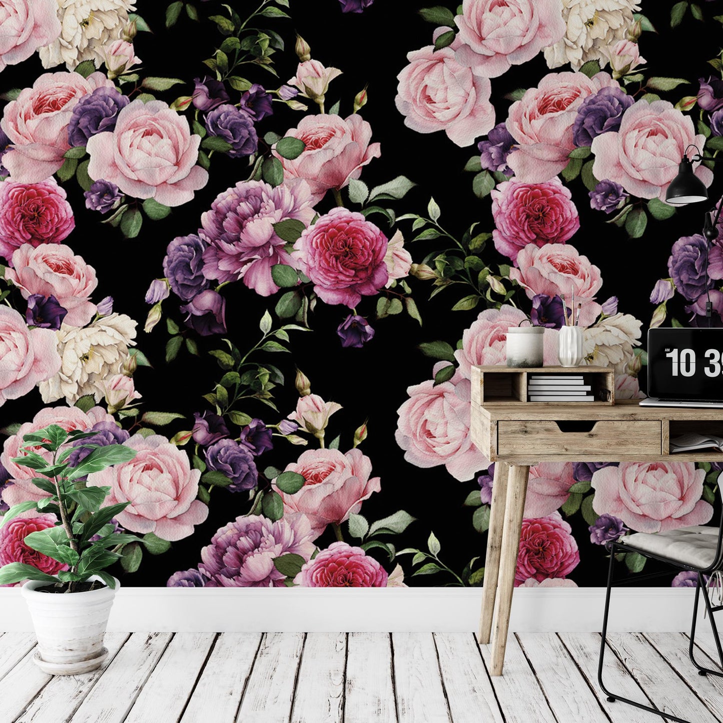 a floral wallpaper with pink and purple flowers on a black background