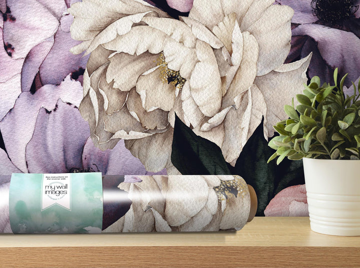 a vase with a flower and a wallpaper behind it