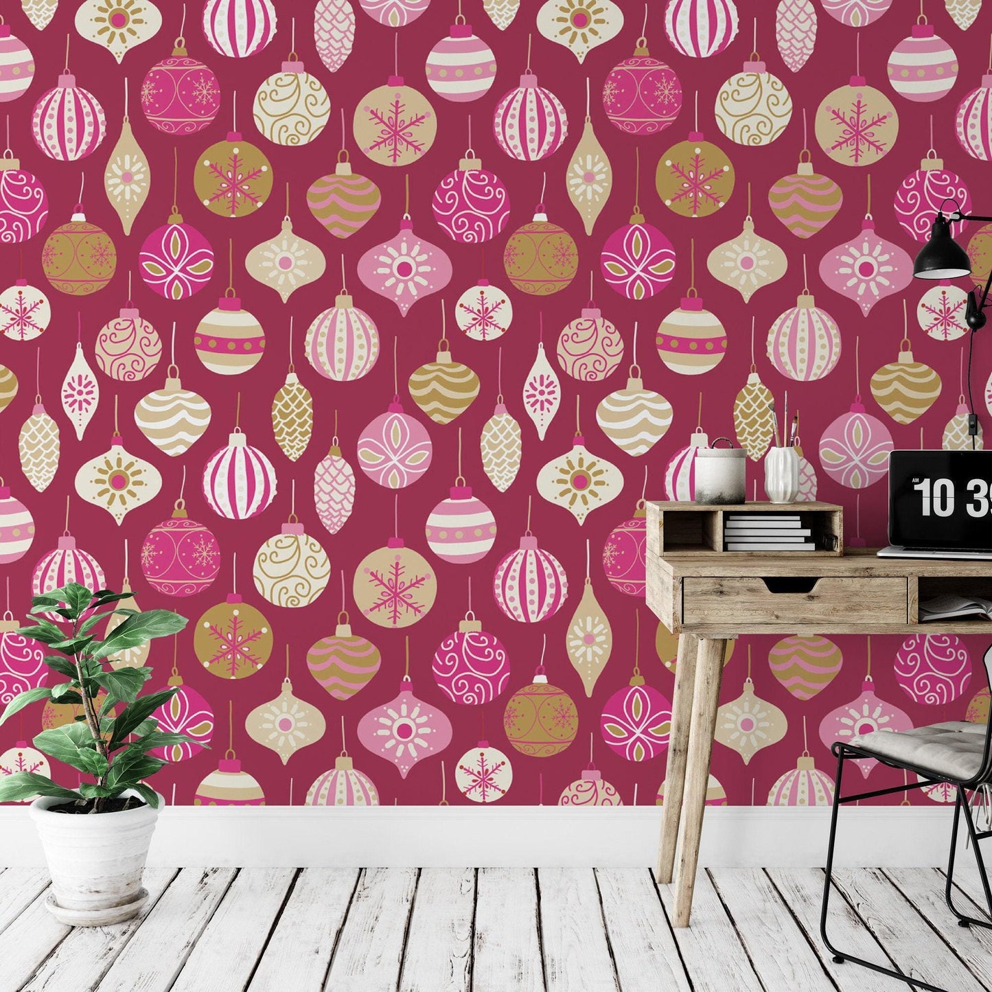 Pink Retro Ornaments Removable Wallpaper, Wall Art, Peel and Stick Wallpaper, Mural, Accent Holiday Wall, MW1667