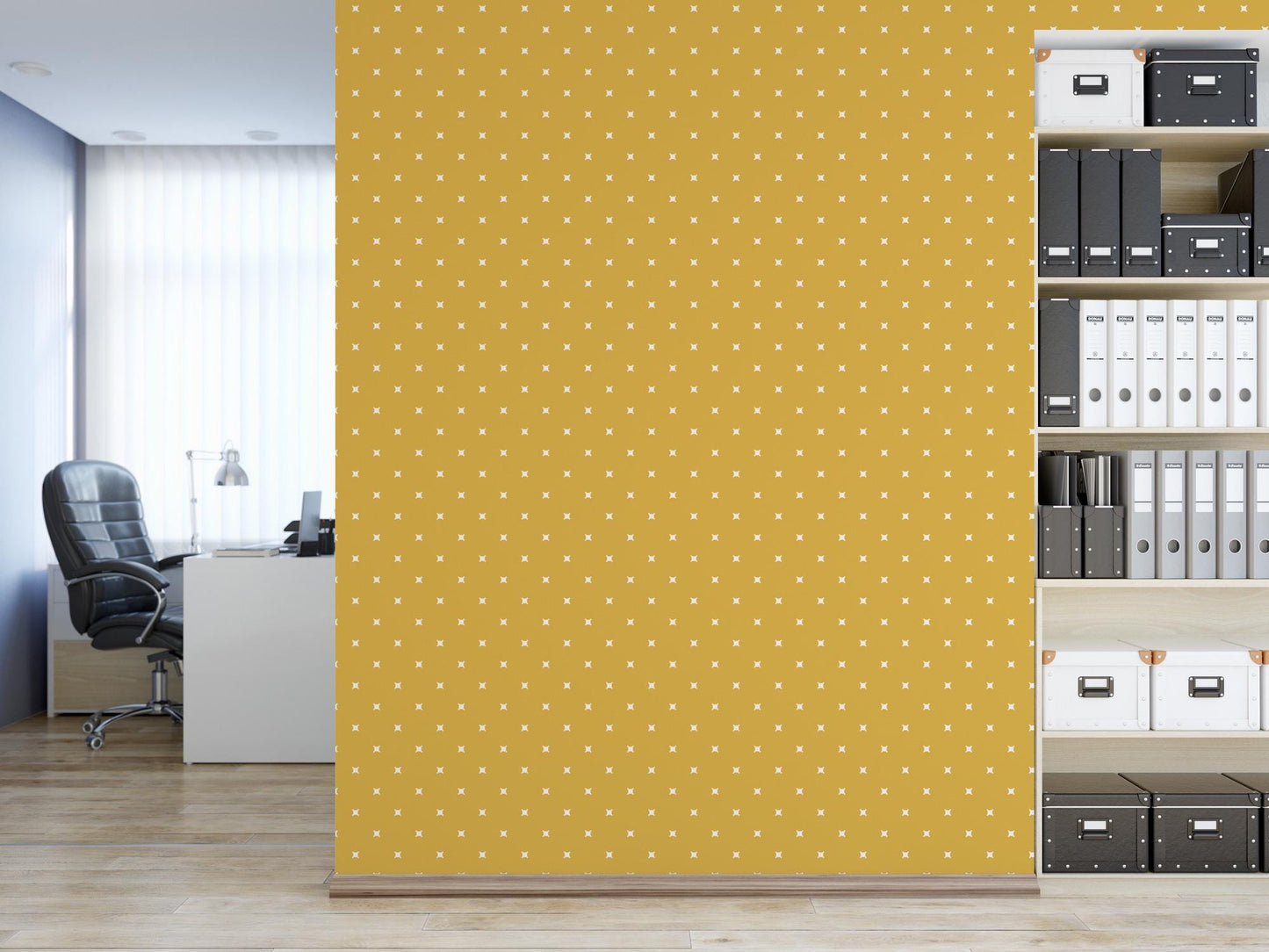 a room with a yellow wall and a white bookcase