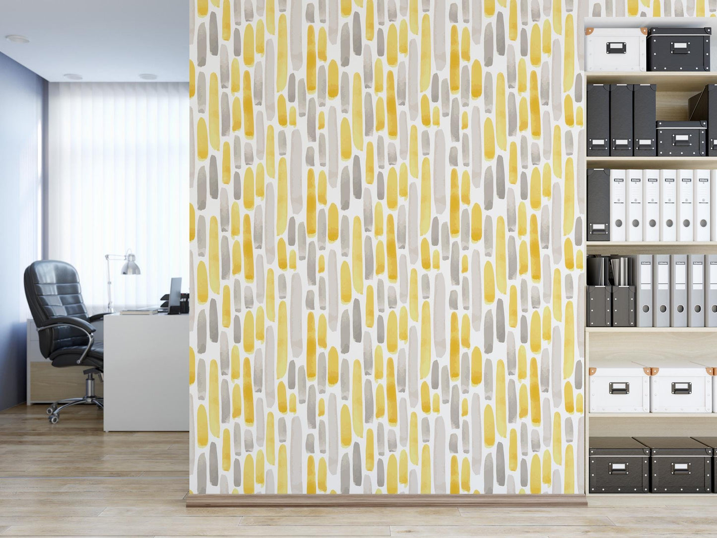 a room with a book shelf and a yellow wallpaper