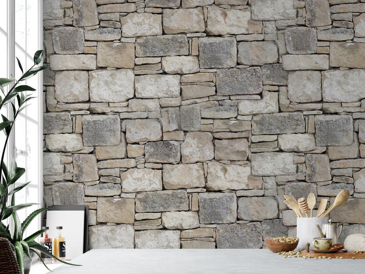 a stone wall with a potted plant next to it