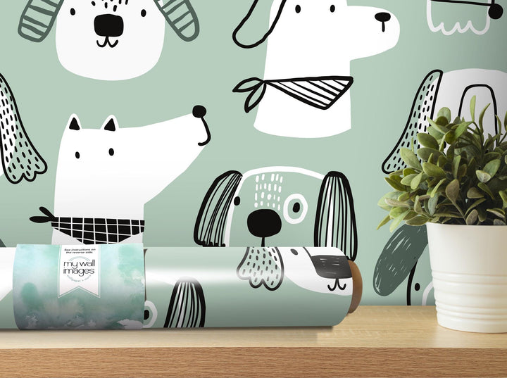 a wallpaper with dogs on it and a potted plant