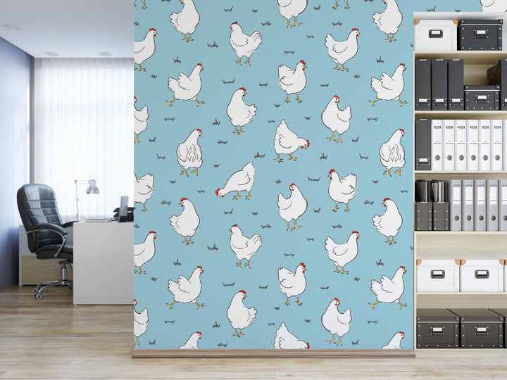 a room with a bookcase and a wall with chickens on it