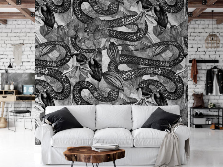 a living room with a large mural on the wall