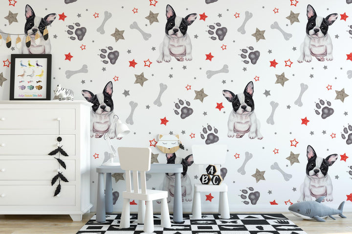 a room with a white dresser and a black and white dog wallpaper
