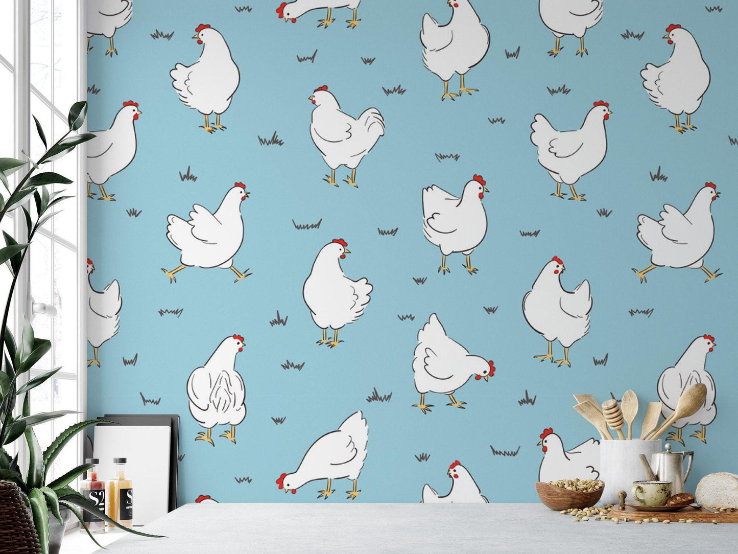 White Hens on Blue Wallpaper MW1800