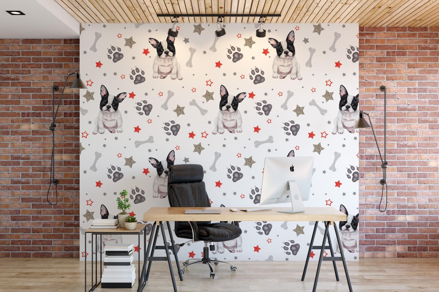 a desk with a computer and a dog wallpaper