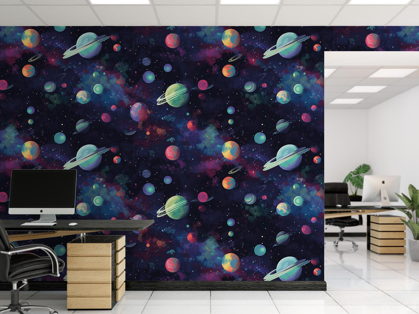 a space themed office with a space theme wallpaper