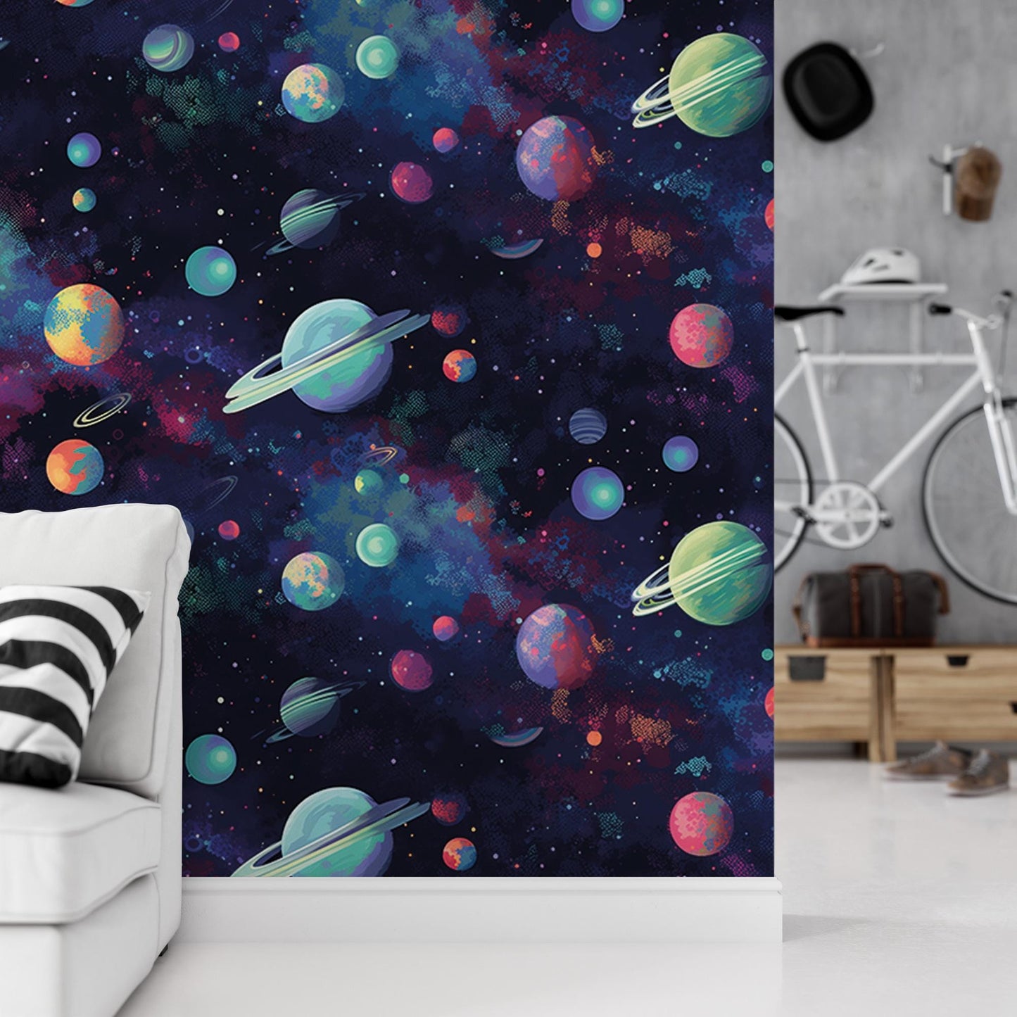 a space themed wallpaper with planets and stars