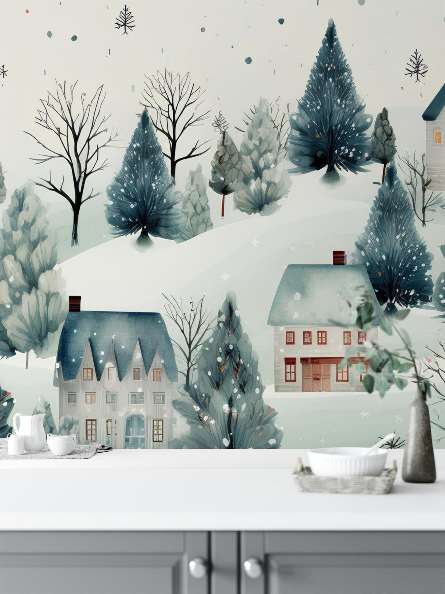 a wall mural of a snowy winter scene with houses and trees