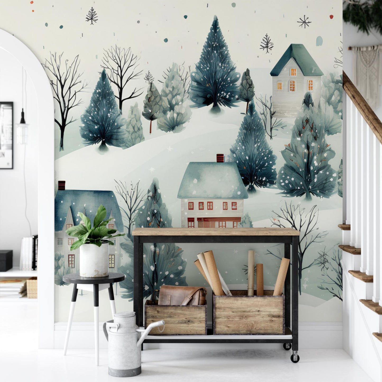 a room with a wall paper with a winter scene on it