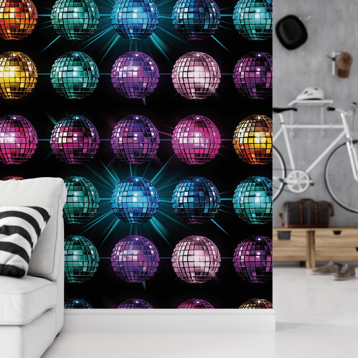 a living room with a couch and a wallpaper with disco balls
