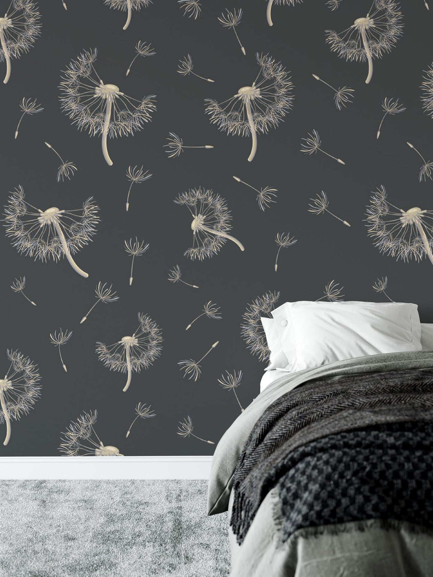 a black and white photo of a bedroom with a dandelion wallpaper