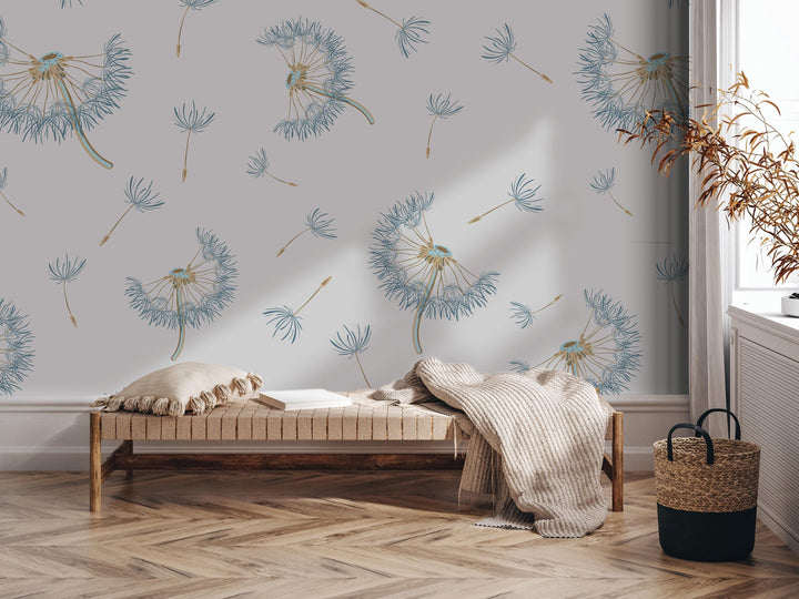 a cozy and inviting living space with a wooden bench, a woven basket, and a patterned wall with blue and white dandelion designs.