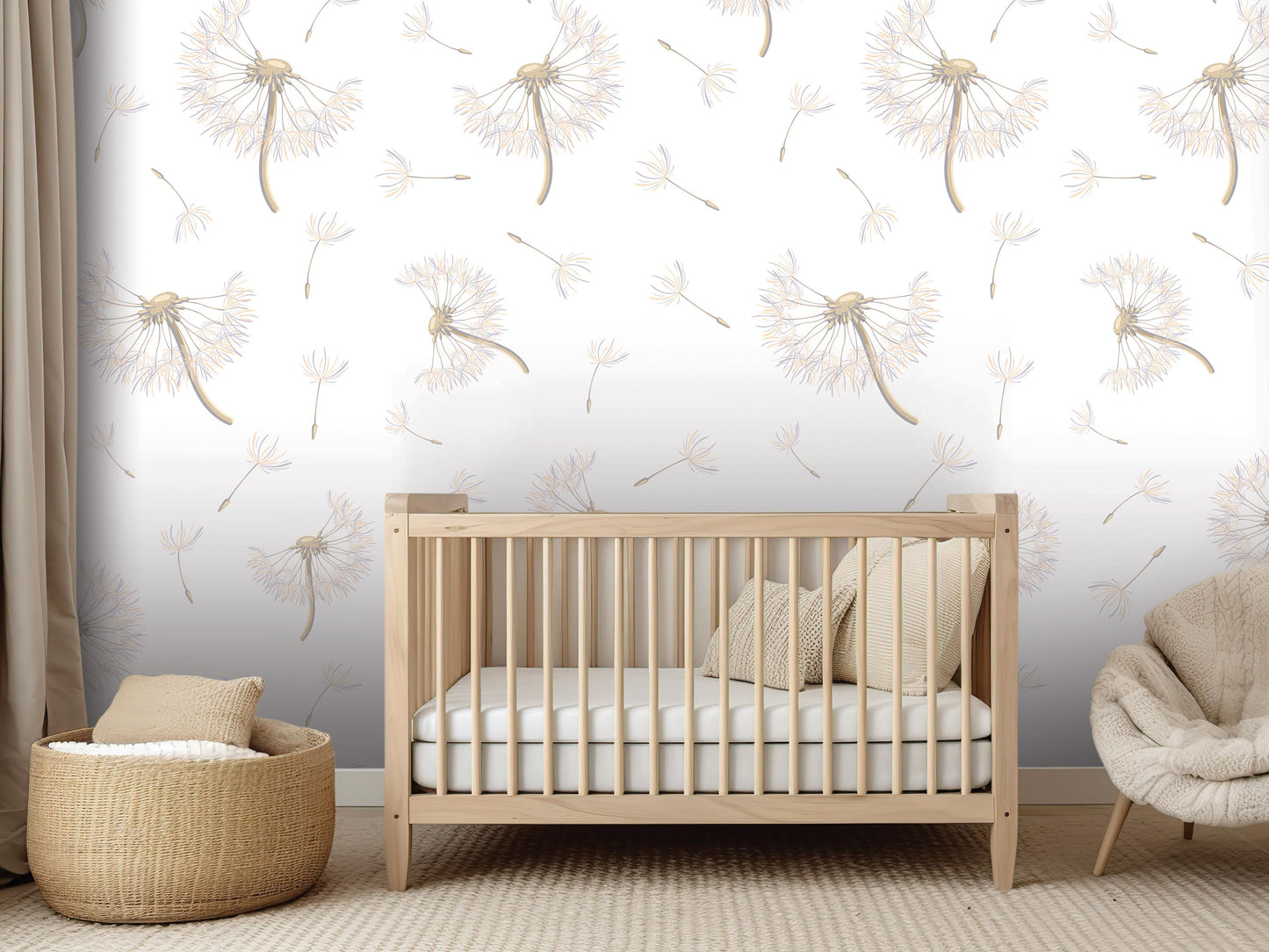 a nursery room with a wooden crib, a woven basket, and a plush chair. The walls are decorated with a repeating pattern of dandelion-like flowers in shades of white and beige.
